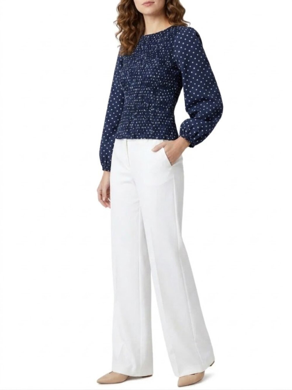 ICHI Danish Polka Dot Blouse Navy White Ruched Puff Sleeve Size 4 EUC